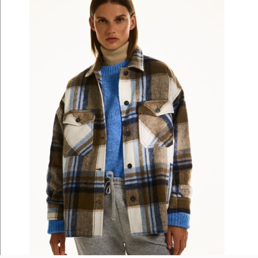 Zara Plaid Jacket in Blue, Brown, and White
